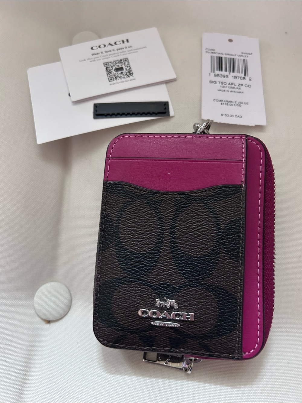 Coach Card Case I. Signature Brown C’s with bright Pink accents
